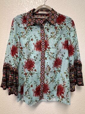 Alice + Olivia Light Blue Button-Down Shirt with Red Floral Print